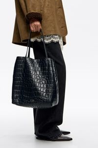 Bolsa shopper grande piel grabado cocodrilo azul petróleo