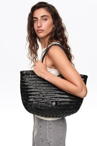 Large black plaited leather shopper bag