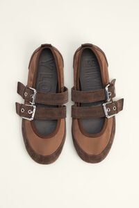 Brown suede and fabric sporty ballerina