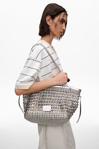 Large silver plaited leather shopper bag