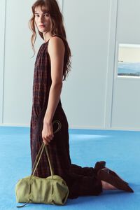 Dark brown checked midi dress with lace details