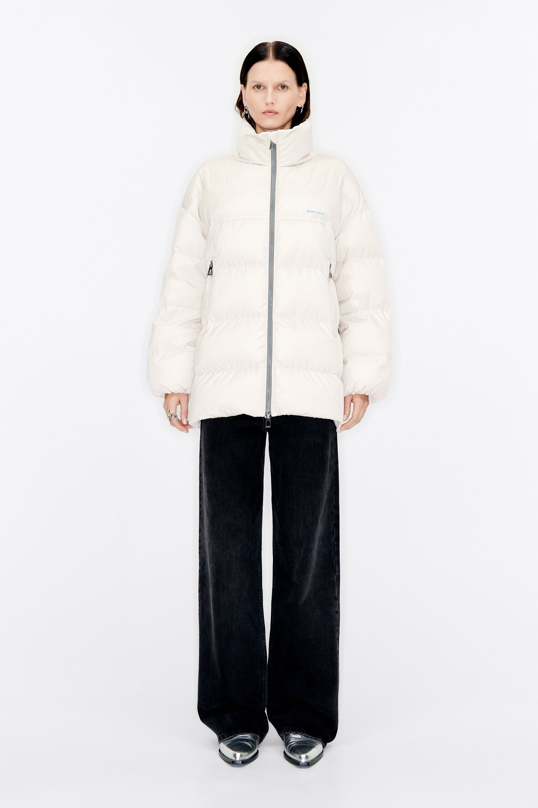 Beige down midi puffer