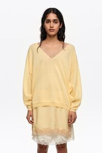 Long light yellow cotton linen lace jumper