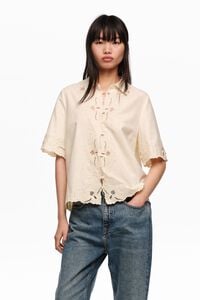 Camisa bordados lino algodon beige