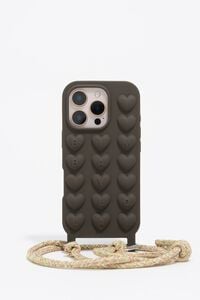 Dark brown silicone iPhone 16 Pro case with rope