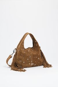 Small olive suede Paper bag with fringing and studs