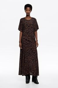 Dark Brown Big Leopard gathered short sleeve dress