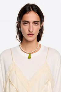 Pearl necklace green flocked rabbit charm