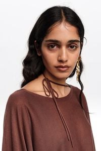 Brown boat neckline crossover ties sweater