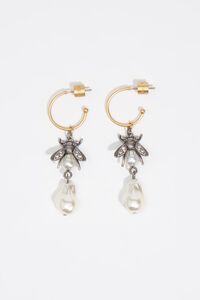 Silver bee and pearl hoop earrings