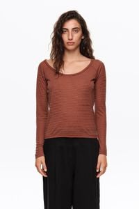 Fitted linen T-shirt with brown stripes
