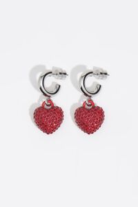 Aretes aro plateado coraz&oacute;n cristales rojo