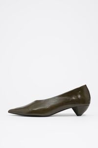Green leather low heel court shoe