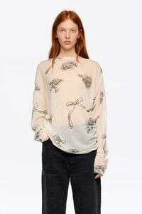 Camiseta fruncida ajustada Ribbon Roses marfil