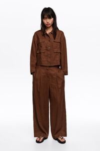 Washed brown linen straight-leg trousers with darts