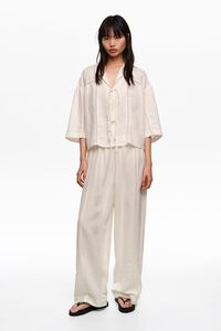 Wide white linen lace trousers